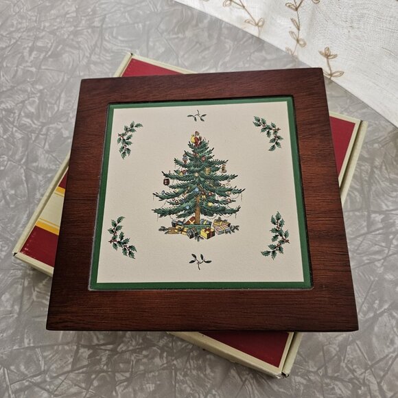 Spode Christmas Tree Tile and Wood Trivet 8" square original box vintage - Picture 1 of 14